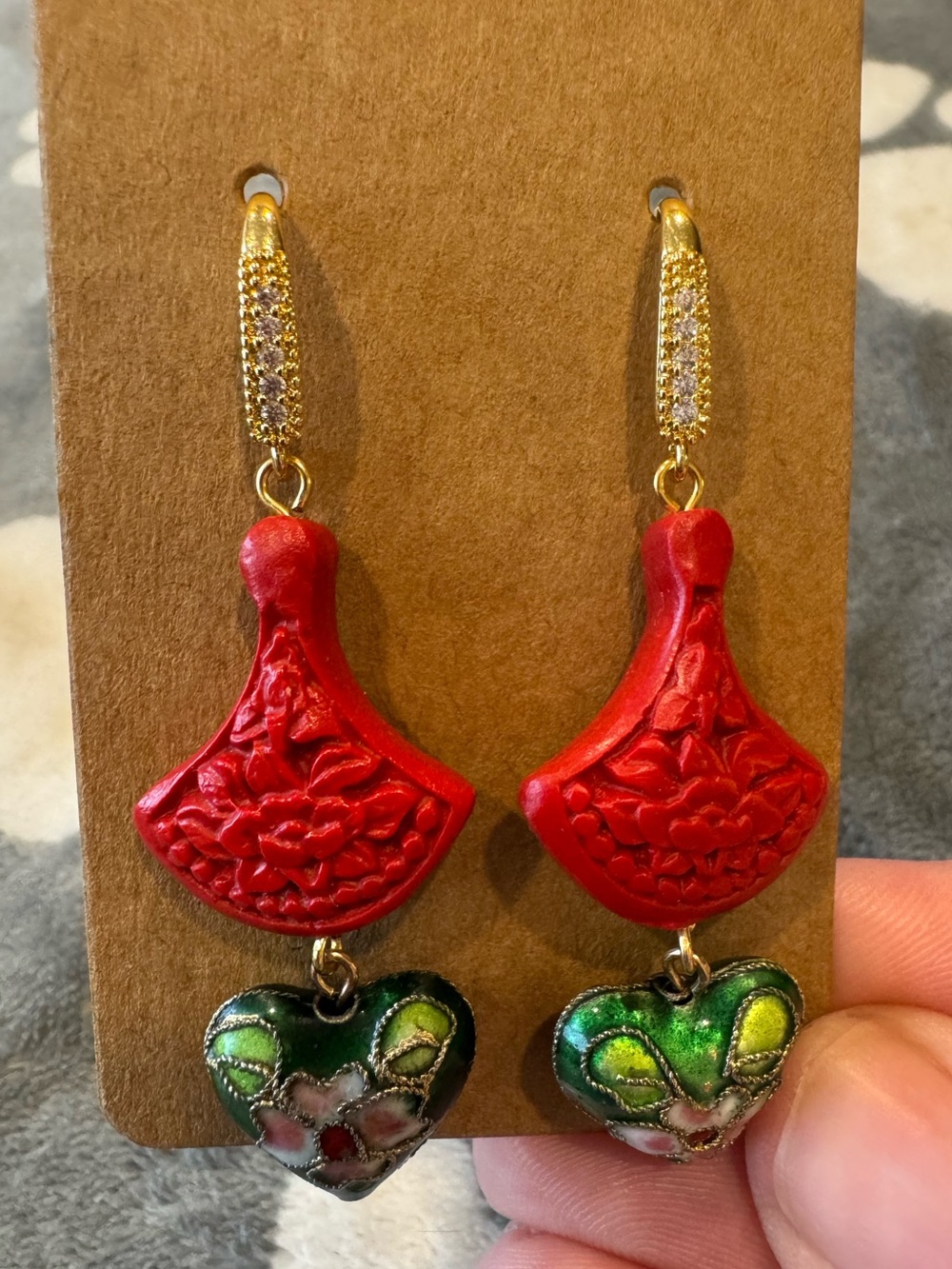 Artisan Cinnabar Fan and Vintage Cloisonné Hearts Beaded Earrings🧁 - Picture 2 of 5